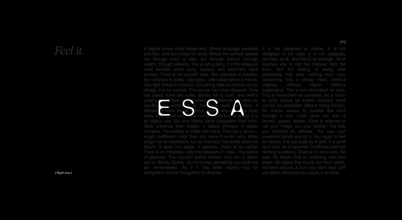 ESSA brand identity by Lym Design Studio with black editorial typography layout and conceptual manifesto — modern minimalist art direction and luxury branding design.  