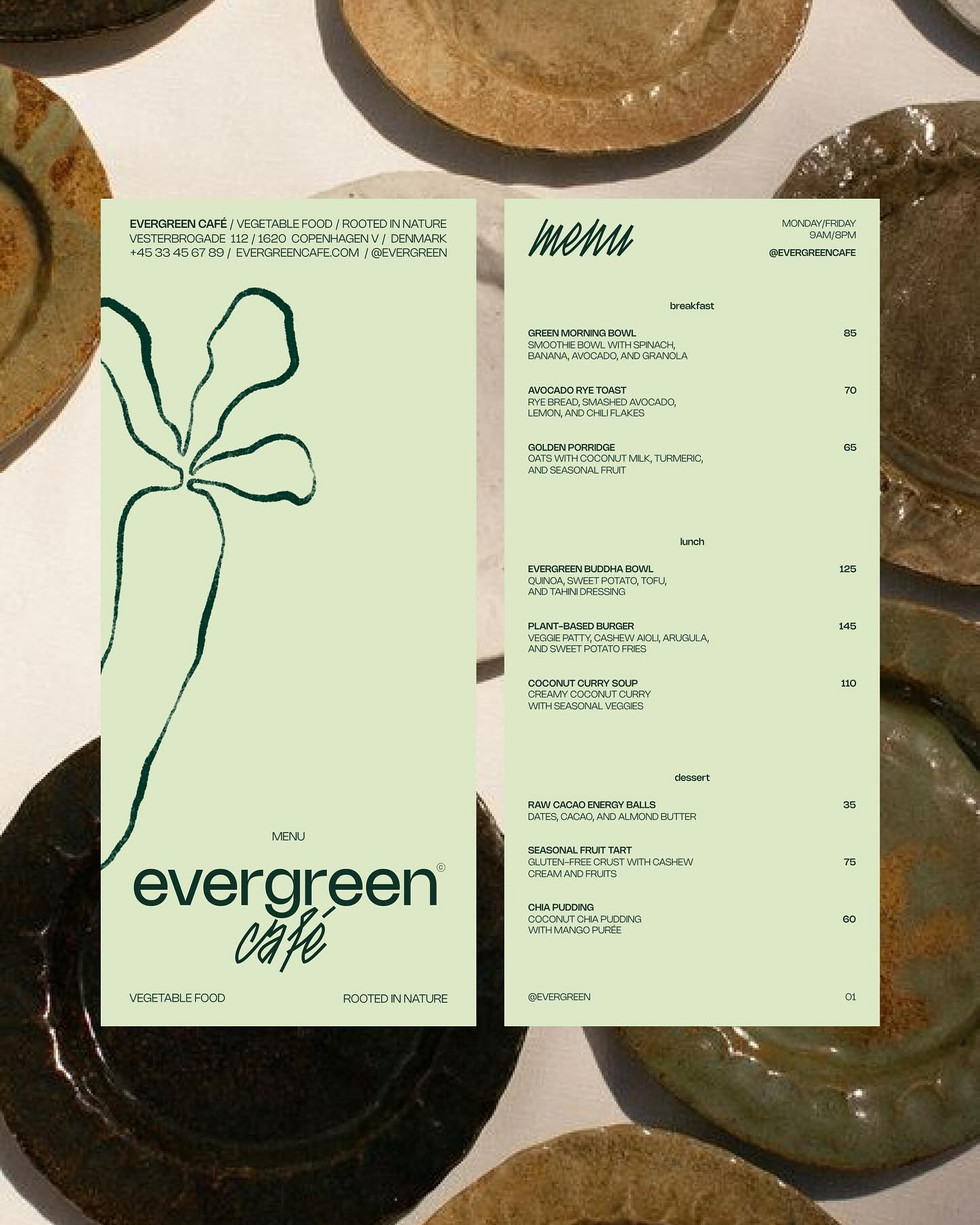 Evergreen Café menu design by Allo (Physm) combining earthy illustration, minimalist typography, and balanced layout against handcrafted ceramic textures for modern restaurant branding inspiration.