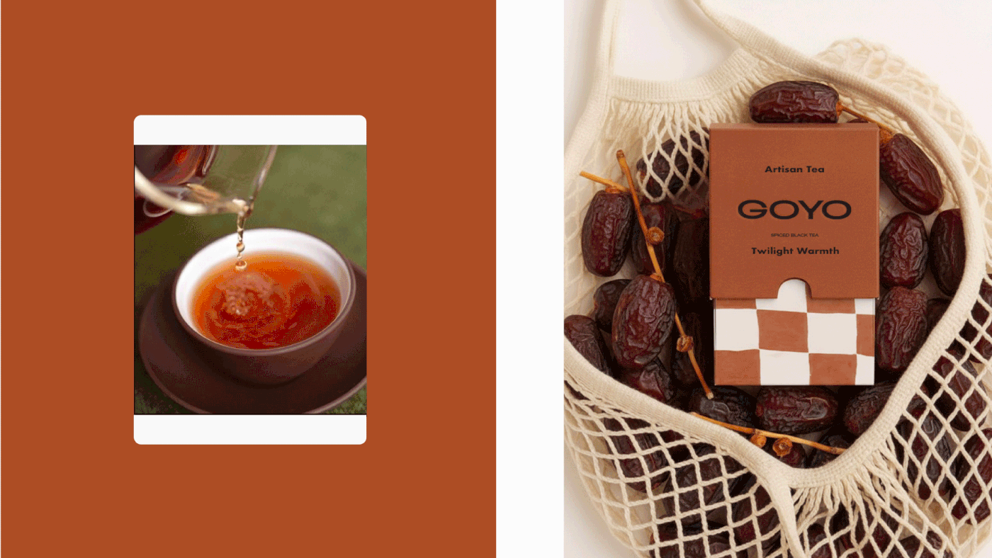 Goyo Tea Twilight Warmth packaging with terracotta checkered design, styled in a mesh bag surrounded by dates, paired with warm tea pour photography