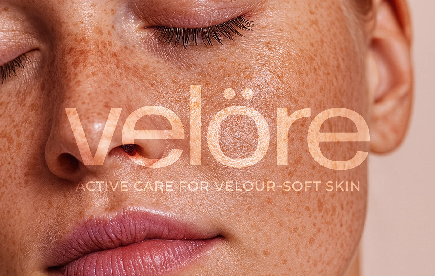 Close-up beauty campaign image for Velöre skincare showing a freckled face with translucent brand typography overlay and the tagline “active care for velour-soft skin.”