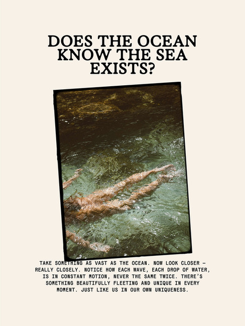 Lifestyle visual with swimmer’s legs in water under the text “Does the ocean know the sea exists?” paired with reflective brand messaging.