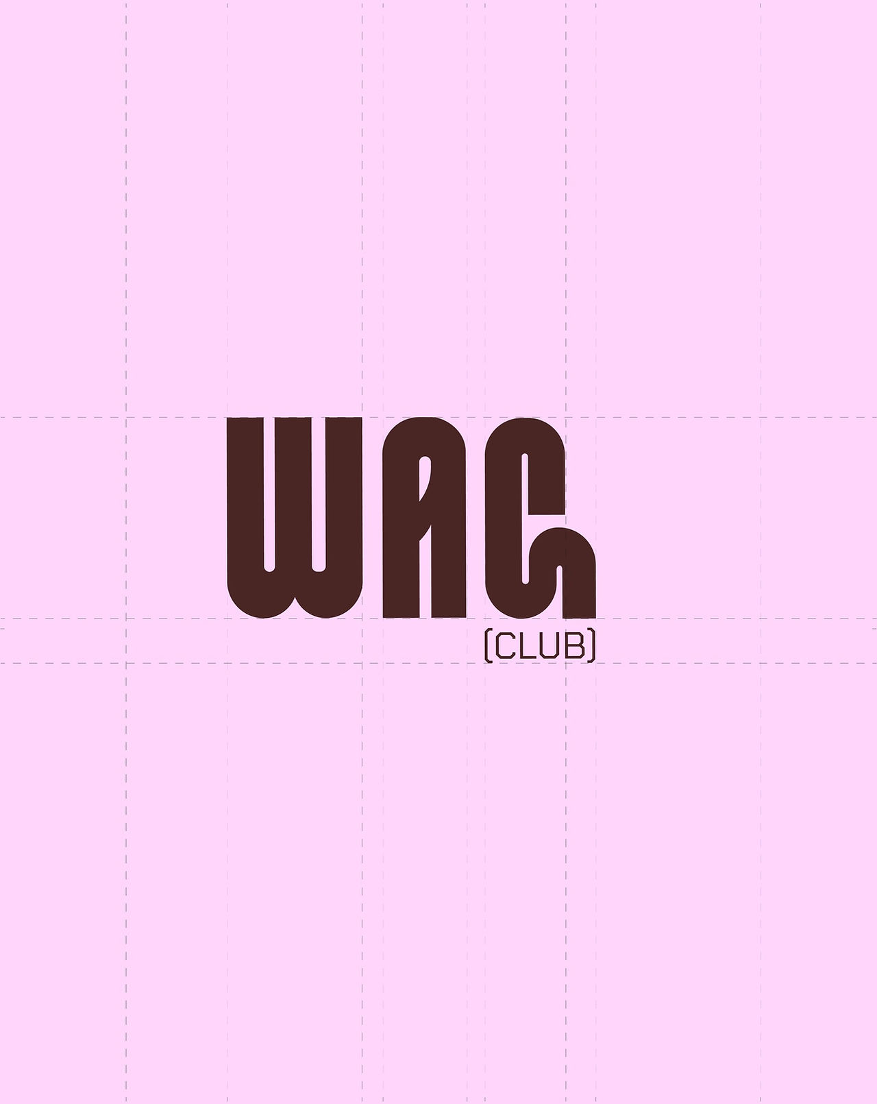 Custom WAG Club wordmark shown on a pale pink construction grid as part of the dog accessories brand identity.