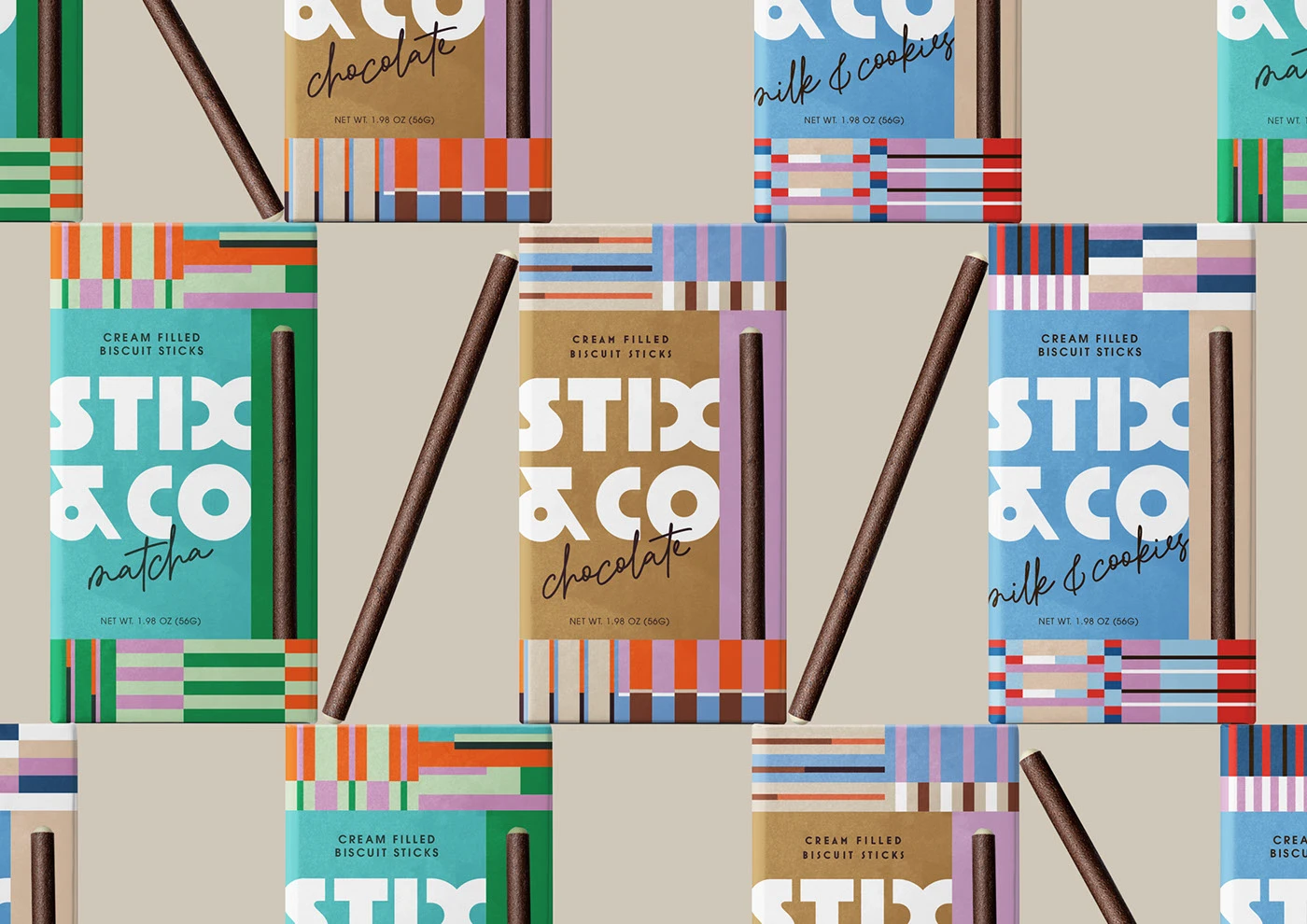 A repeating grid pattern of STIX & CO cream-filled biscuit stick packaging designed by Maria Keeler. The modern, geometric boxes—featuring matcha green, chocolate brown, and milk & cookies blue color ways—are overlaid by real, chocolate-covered biscuit sticks angled diagonally. The design highlights the brand's minimalist and rhythmic line patterns.