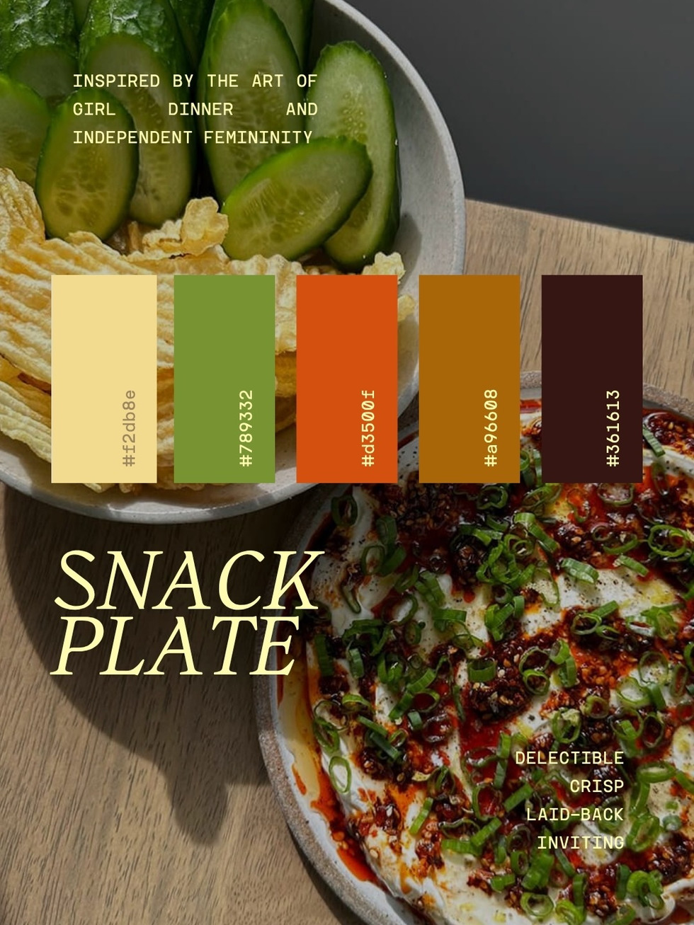 Color palette graphic featuring sliced cucumbers, potato chips, and chili oil dip, paired with buttery yellow, olive green, orange-red, ochre, and deep brown swatches.