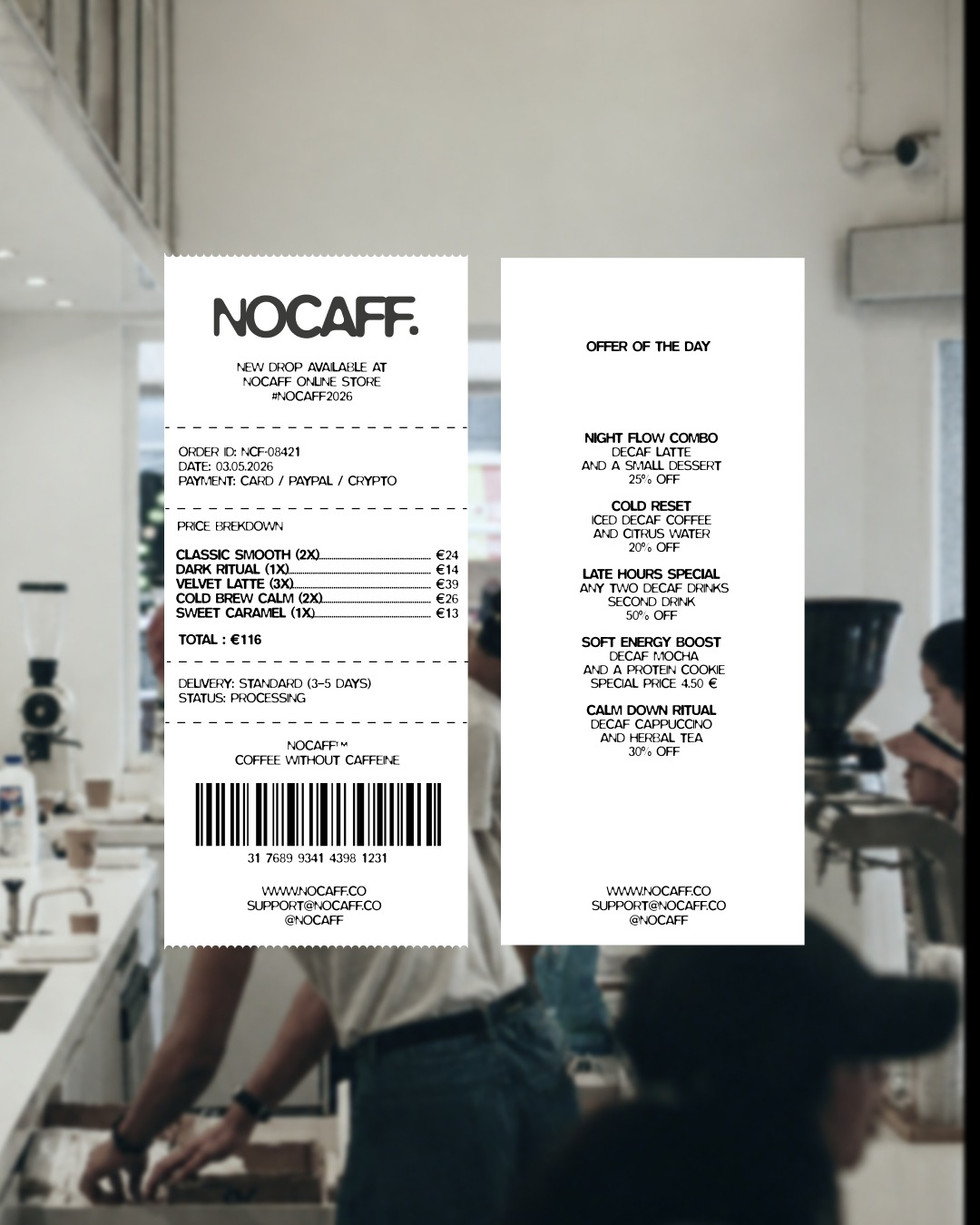 NOCAFF. branded café receipt and offer menu displayed over a blurred coffee shop background, showing the brand’s minimal black-and-white identity system.