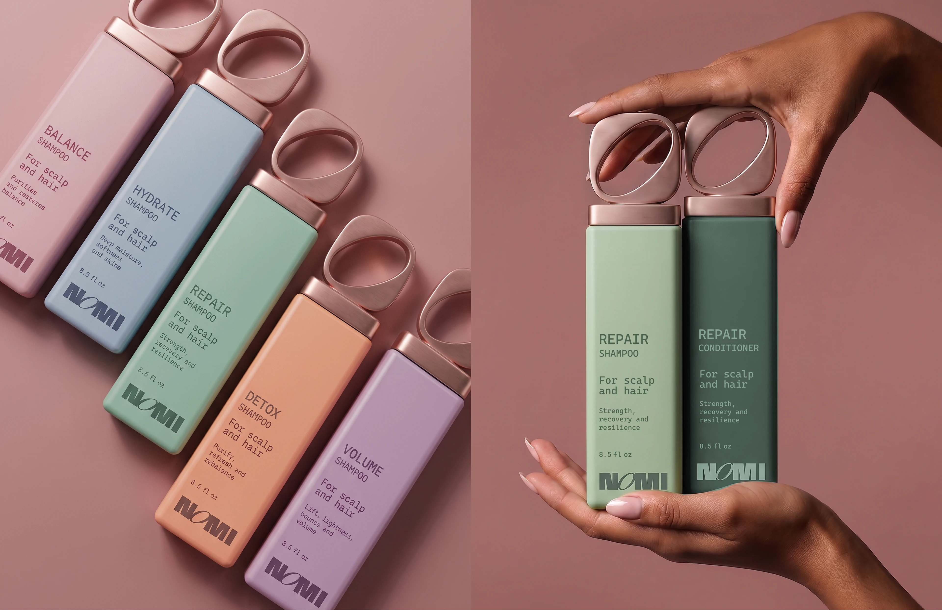 Full NOMI shampoo collection beside hands presenting the coordinated Repair Shampoo and Conditioner bottles.