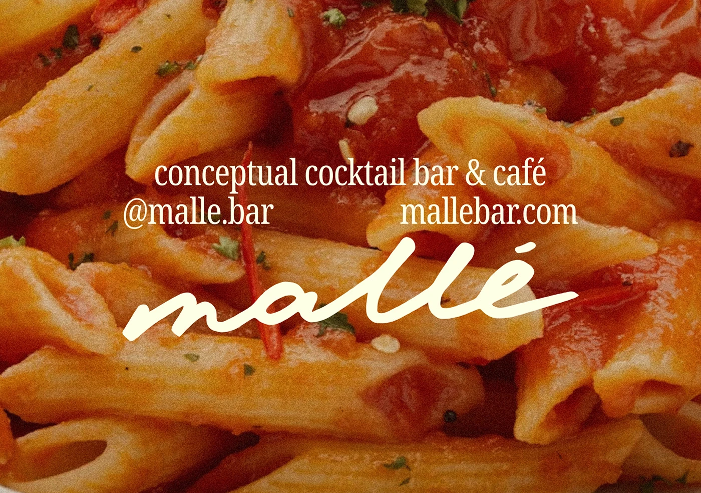 Mallé cocktail bar and café brand identity featuring the logo over food photography, highlighting the brand’s warm, editorial visual style.