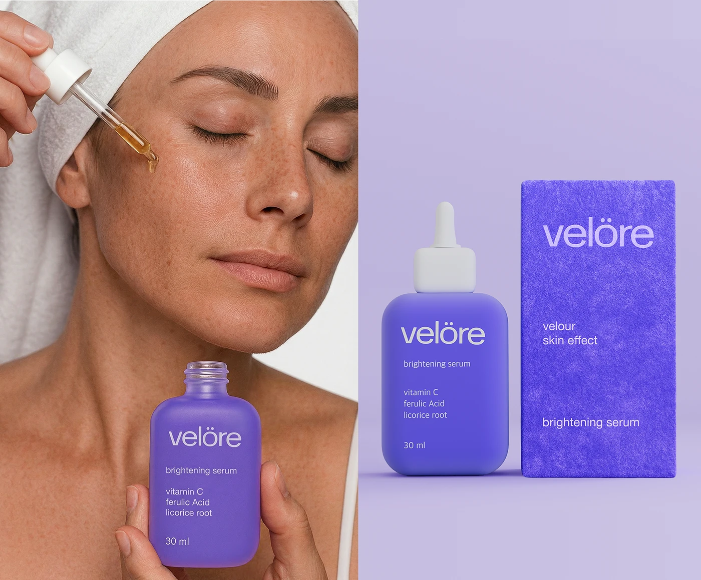 Velöre brightening serum packaging shown in a split layout with a model applying serum beside the purple dropper bottle and matching textured product box.
