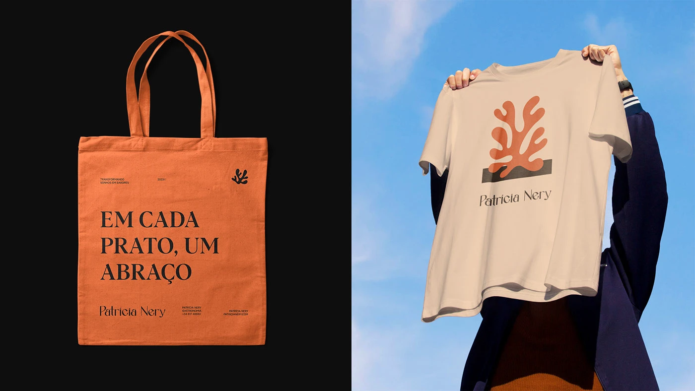 Orange tote bag and beige t-shirt featuring Patricia Nery culinary brand identity with organic abstract shapes and editorial typography.