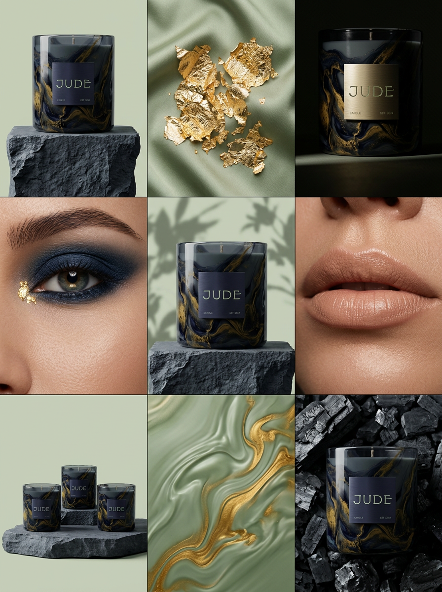 Creative brand moodboard for JUDE featuring packaging textures, gold leaf accents, deep navy makeup, and charcoal elements to define a luxury "Modern Alchemy" aesthetic.