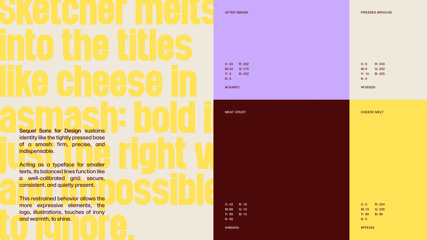 Smasha typography and color system showcasing bold headline fonts, grid-based layouts, and high-contrast brand colors inspired by burger culture.