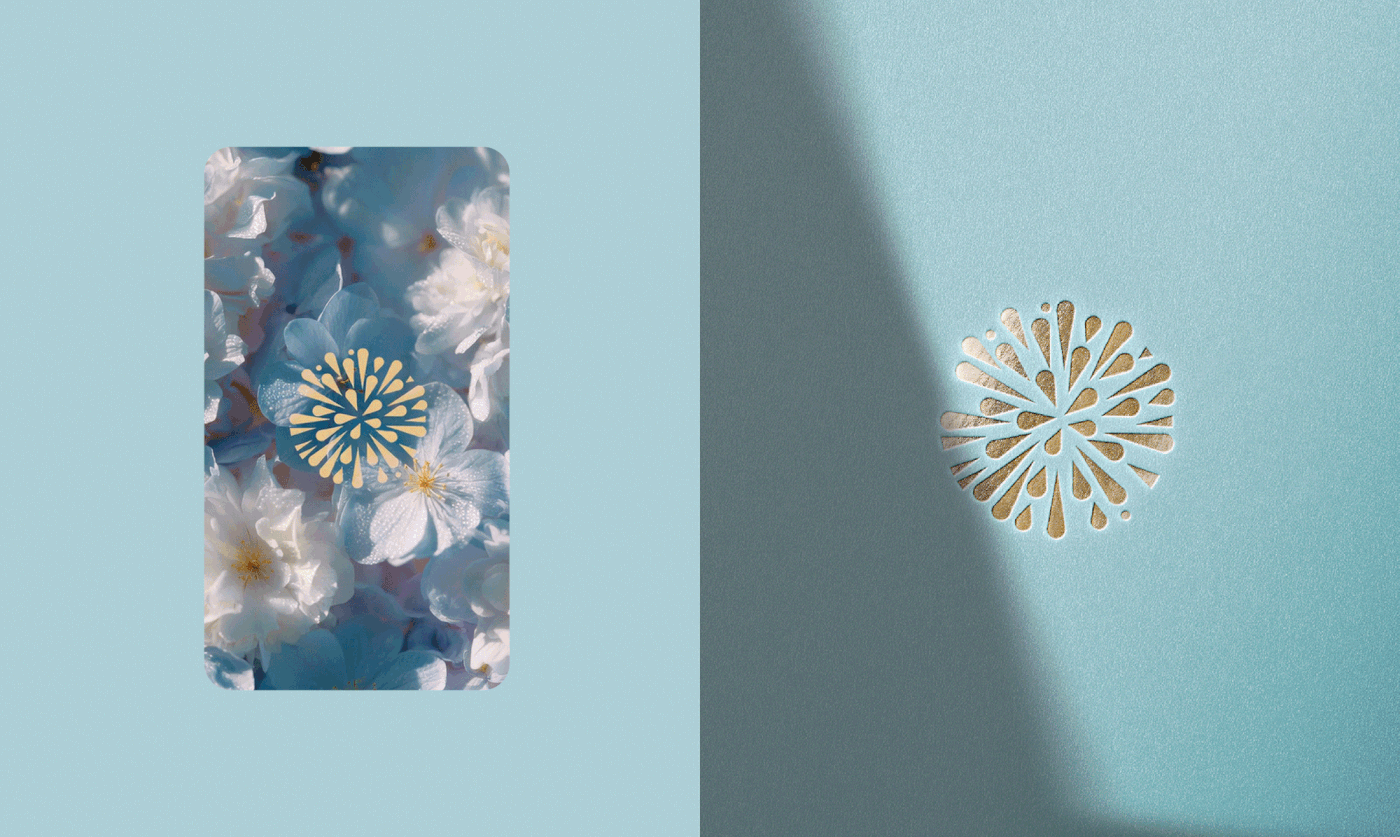 A high-contrast split view. The left side shows a rounded card with a floral hydrangea background and a gold logo; the right side is a macro shot of a gold-foiled and blind-embossed mandala logo on textured teal paper, showing a soft shadow.