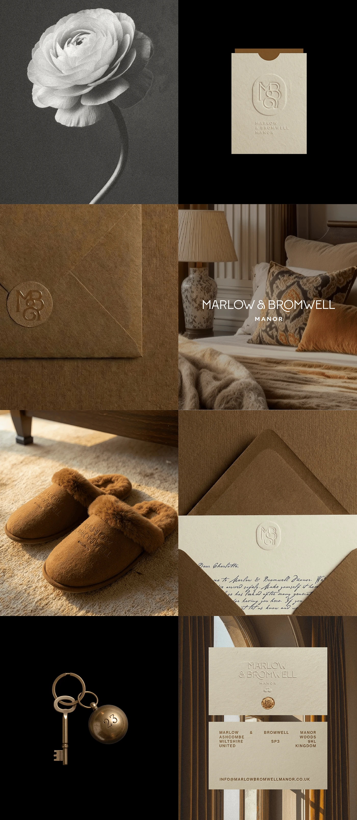 Marlow & Bromwell Manor brand lifestyle collage featuring embossed rose, wax seal, fur-trimmed slippers, guest room interior, handwritten letter, and key fob details