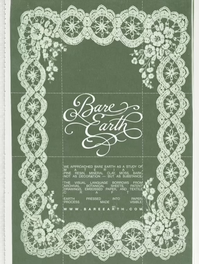 Bare Earth botanical skincare packaging concept featuring lace-inspired ornamental frame design with calligraphy logo and deep forest green cosmetic branding.