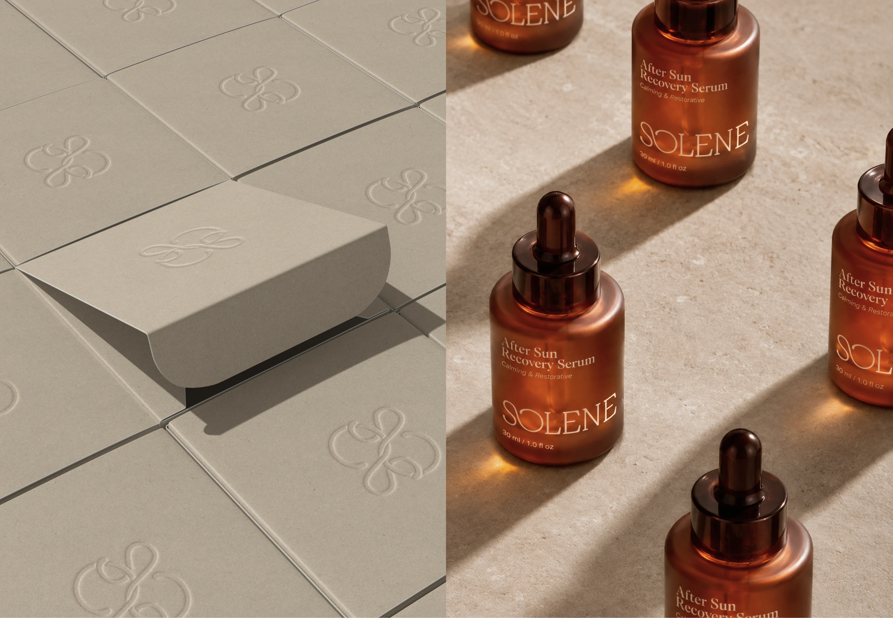 Solene SPF intertwined S and O monogram mark applied as an embossed pattern beside amber after sun recovery serum bottles, showing the brand’s tactile identity system.