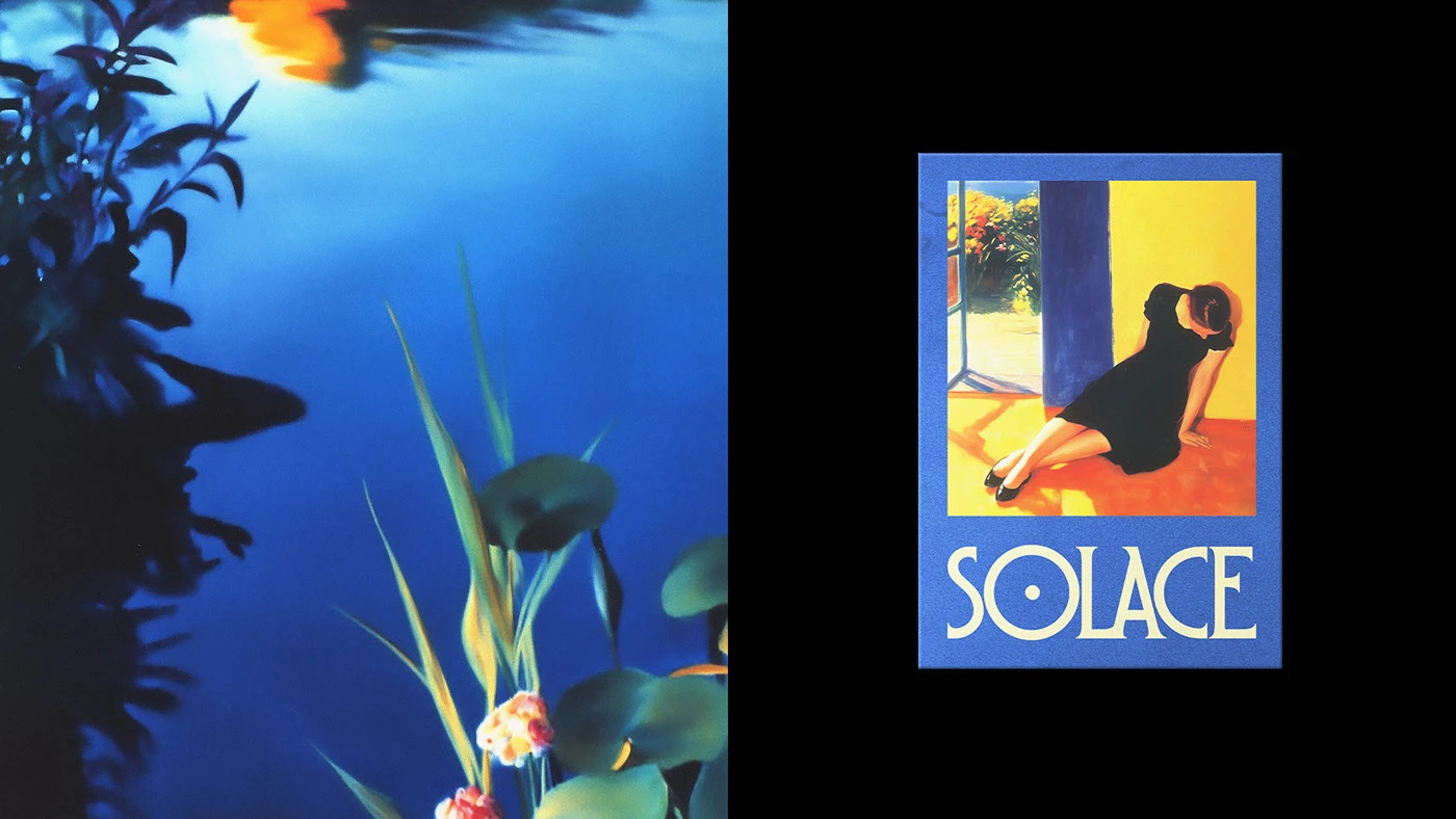 A dual-pane brand visual for Solace Studio featuring a soft-focus reflection of flowers in blue water alongside a stylized painting of a woman in a black dress sitting in a sunlit room with the 'SOLACE' wordmark.
