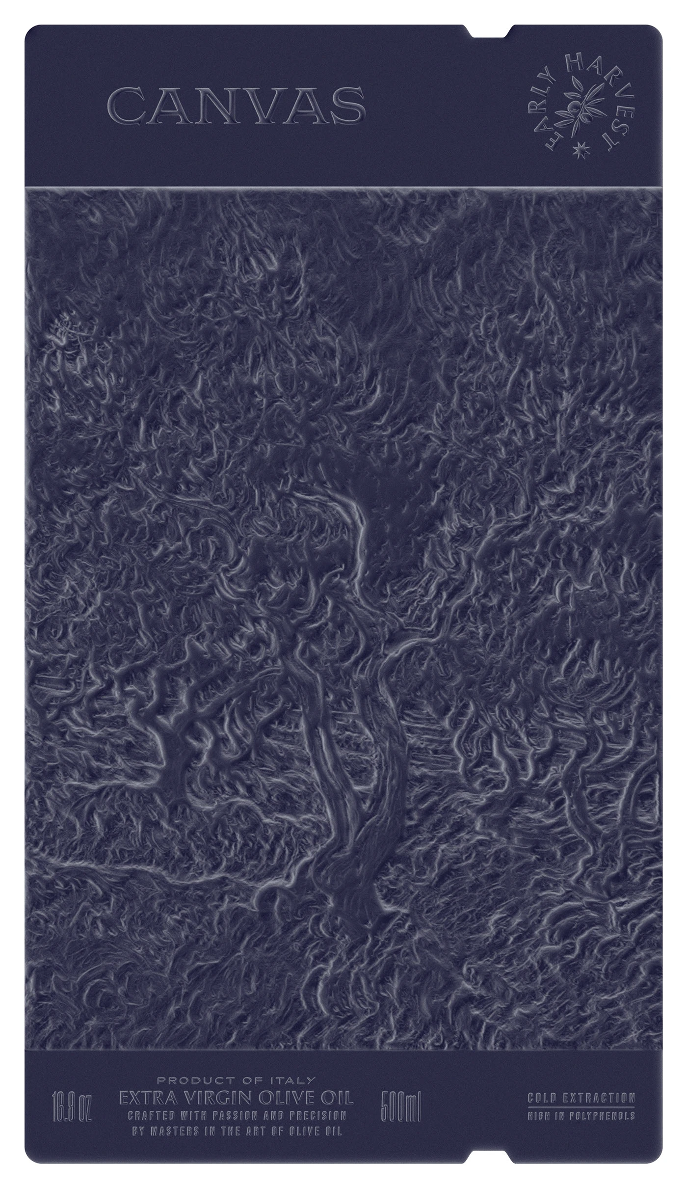 Detailed 3D relief map in deep purple, showcasing the high-precision sculpted embossing for the landscape texture of the Canvas label.