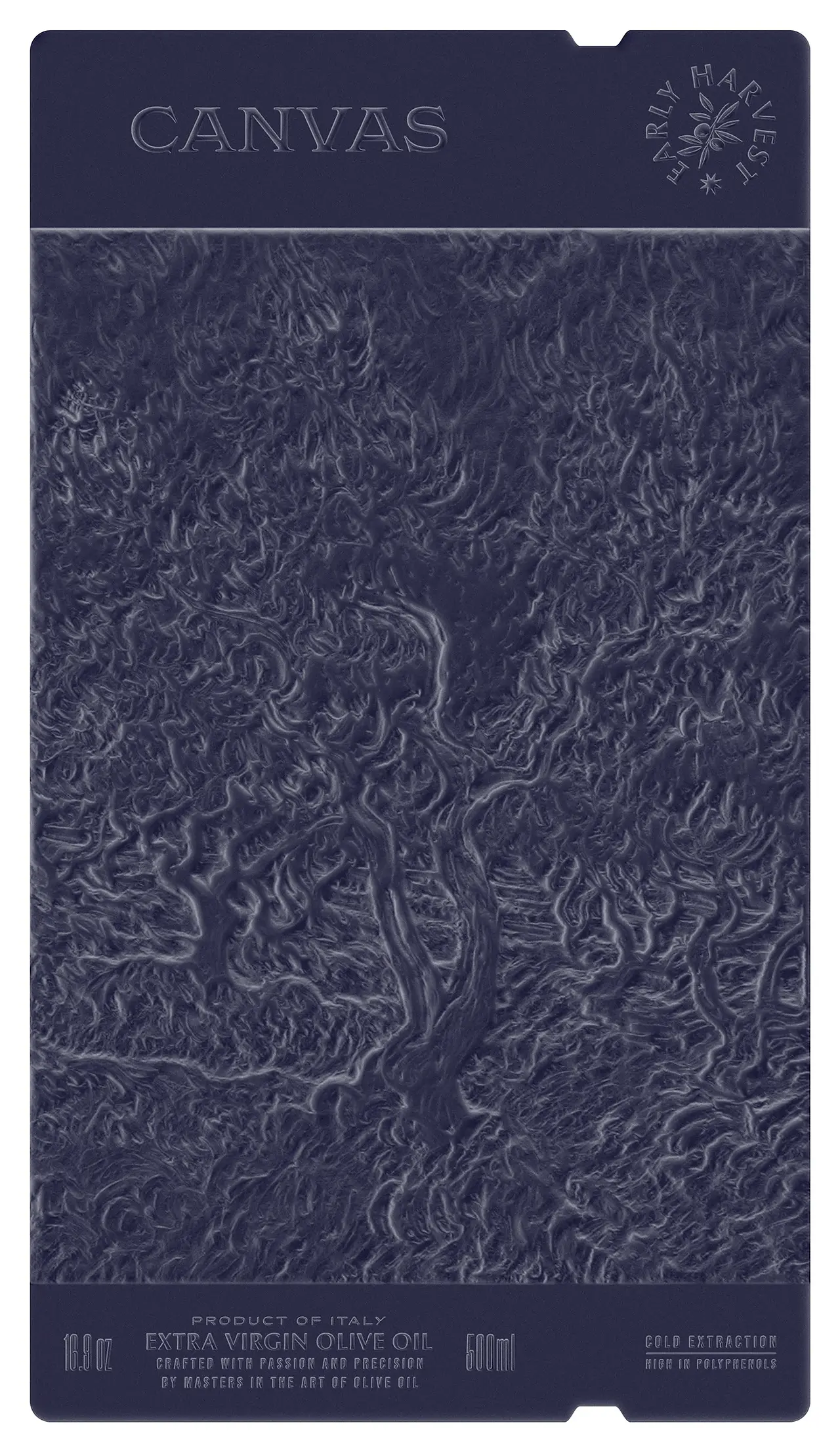 Detailed 3D relief map in deep purple, showcasing the high-precision sculpted embossing for the landscape texture of the Canvas label.