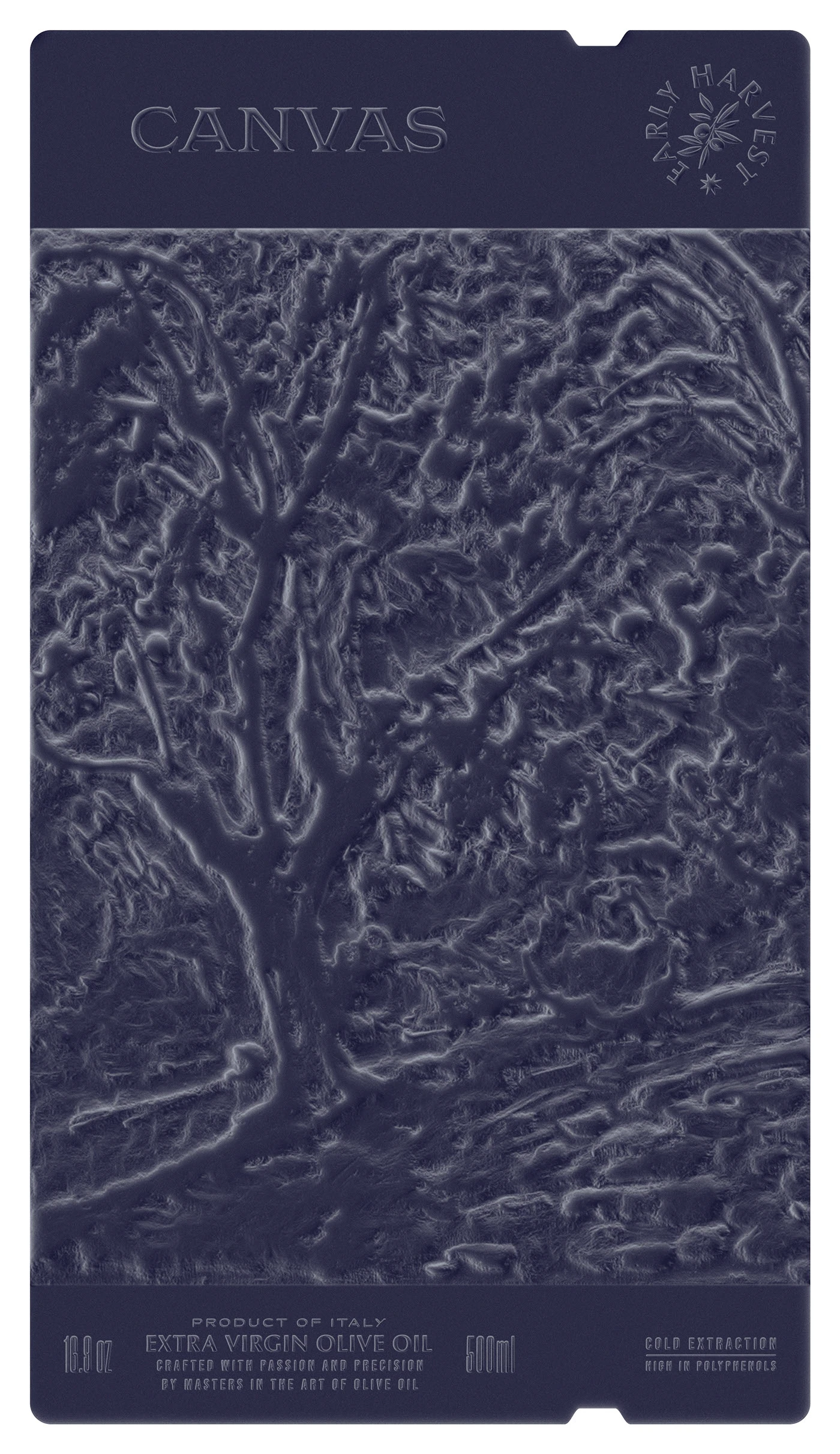 3D sculpted embossing map in deep purple, showcasing the high-precision texture and relief detail designed for the Canvas Olive Oil label production.