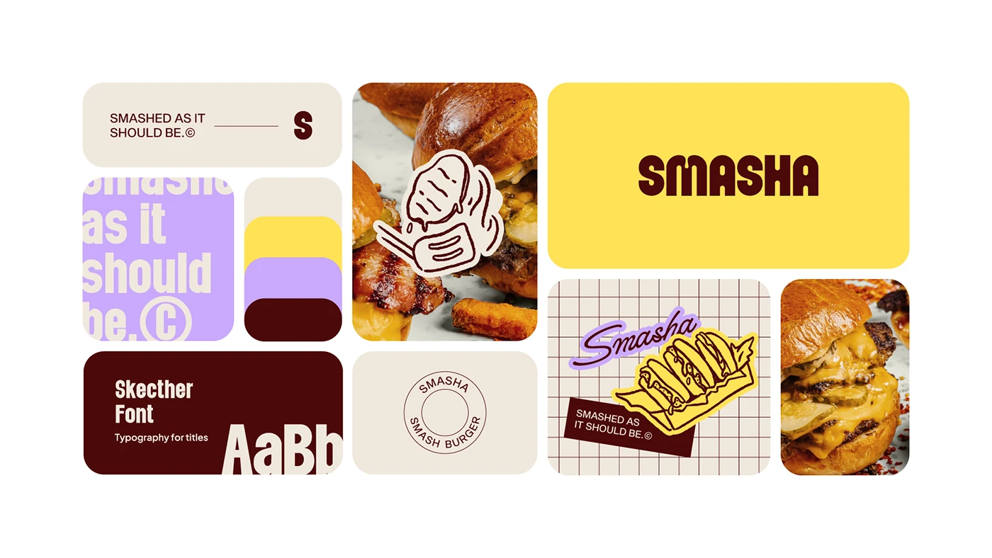 Smasha brand identity overview featuring logo variations, illustrated icons, custom typography, packaging elements, and a vibrant fast-food color palette.