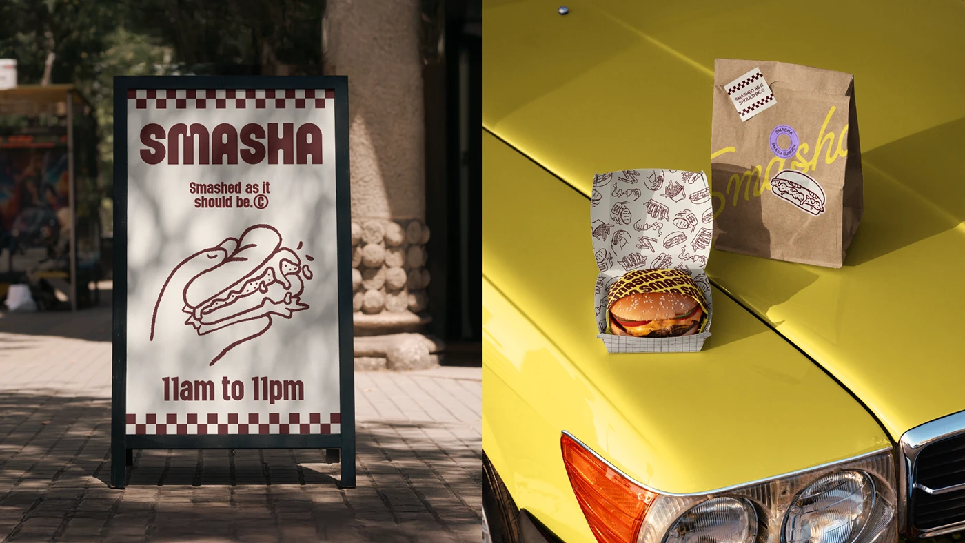 Freestanding Smasha sidewalk sign with illustrated burger graphic and hours, paired with branded burger box and takeout bag staged on the hood of a yellow car.
