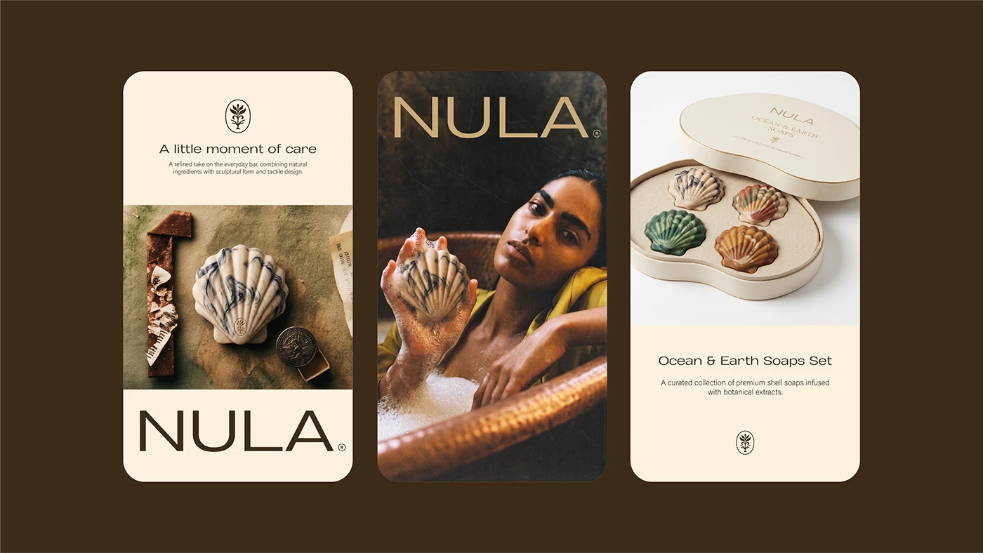NULA brand identity social media layouts featuring shell-shaped soap photography, minimalist typography, and Ocean & Earth soap packaging.