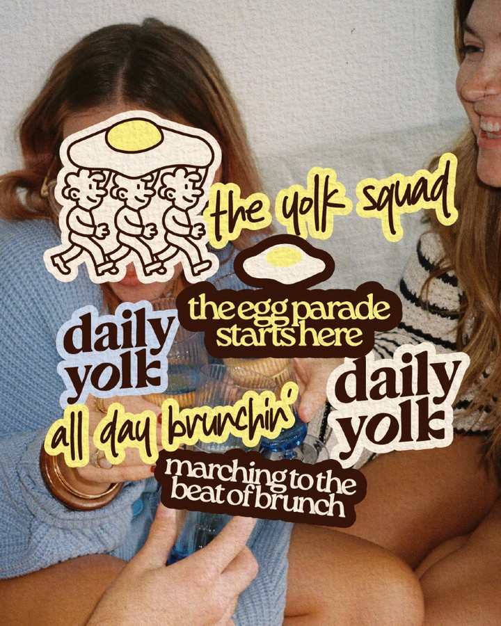 Daily Yolk brunch café branding showcasing sticker-style illustrations, logos, and handwritten typography applied over a casual lifestyle photography scene.