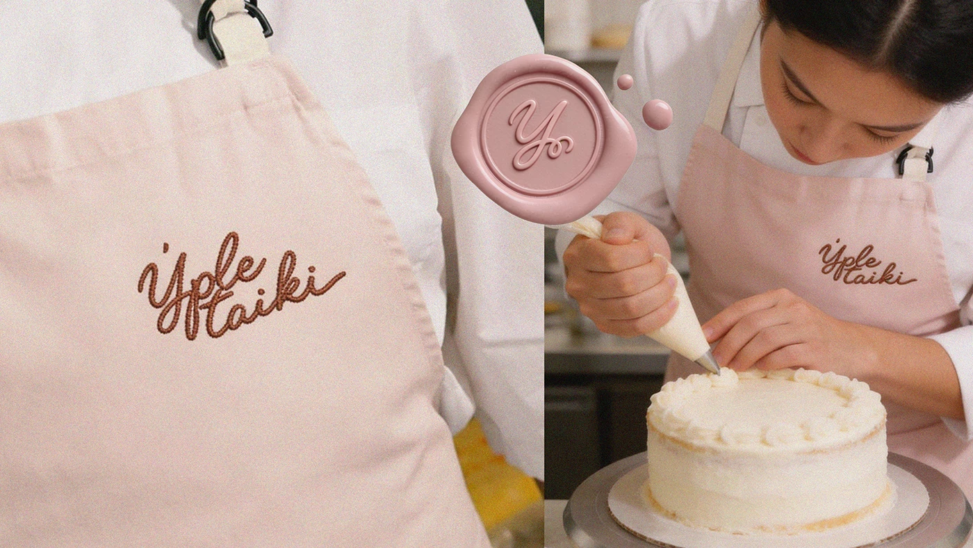 Close-up of Ypletaiki embroidered logo on blush pink apron alongside pastry chef decorating a cake, highlighting craftsmanship and premium sweet shop branding.