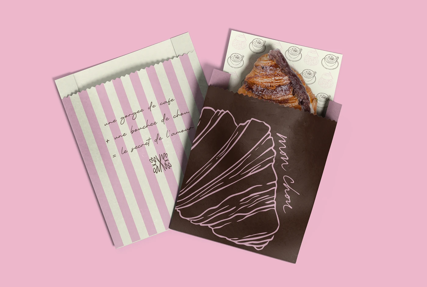 Mon Chou’s pink-striped and cocoa pastry bags filled with a croissant, featuring handwritten French phrases and soft pastel packaging design.