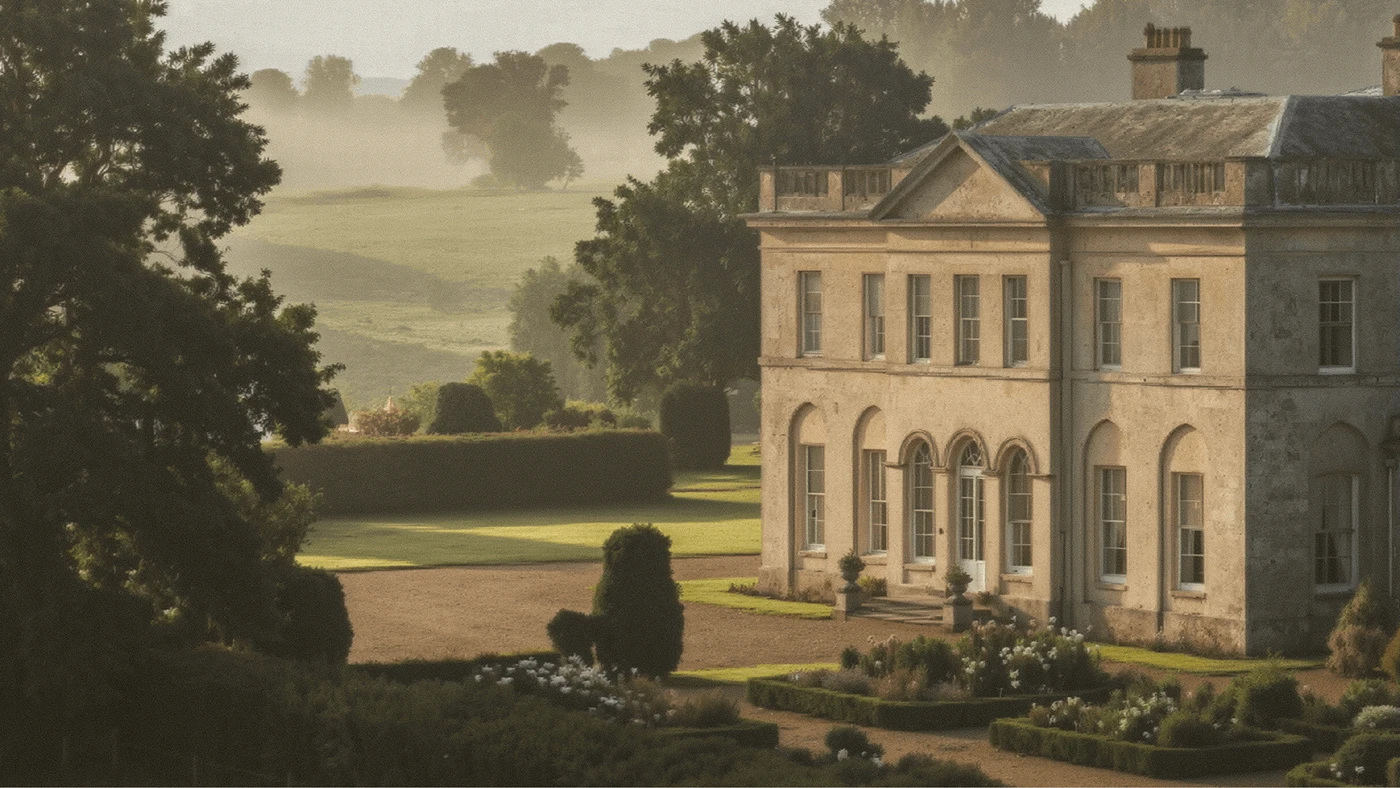 Marlow & Bromwell Manor heritage hotel exterior view of the stone manor house with formal gardens, misty landscape, and rolling hills at golden hour