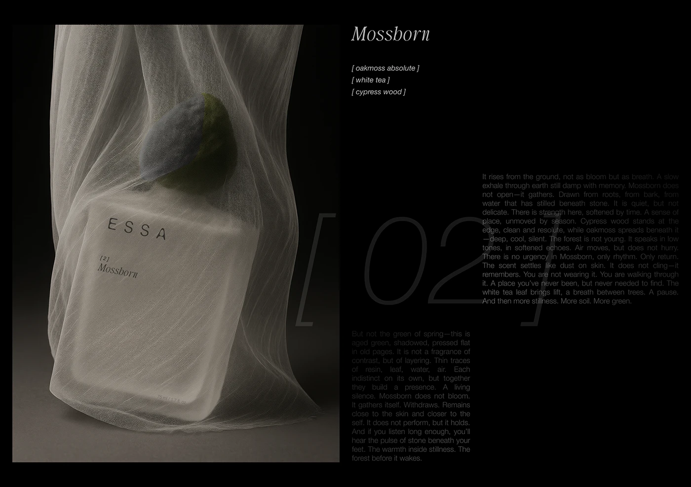 ESSA Mossborn perfume bottle wrapped in sheer fabric with poetic brand text — sensory minimal packaging design and modern art direction by Lym Design Studio.