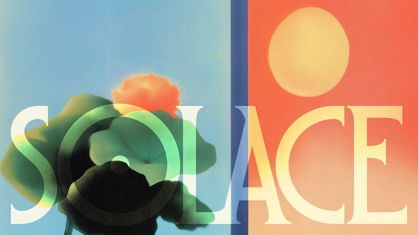 Solace Studio branding cover by Pedro Cattoni featuring bold white serif typography overlapping a soft-focus floral silhouette and a vibrant blue and orange gradient background.