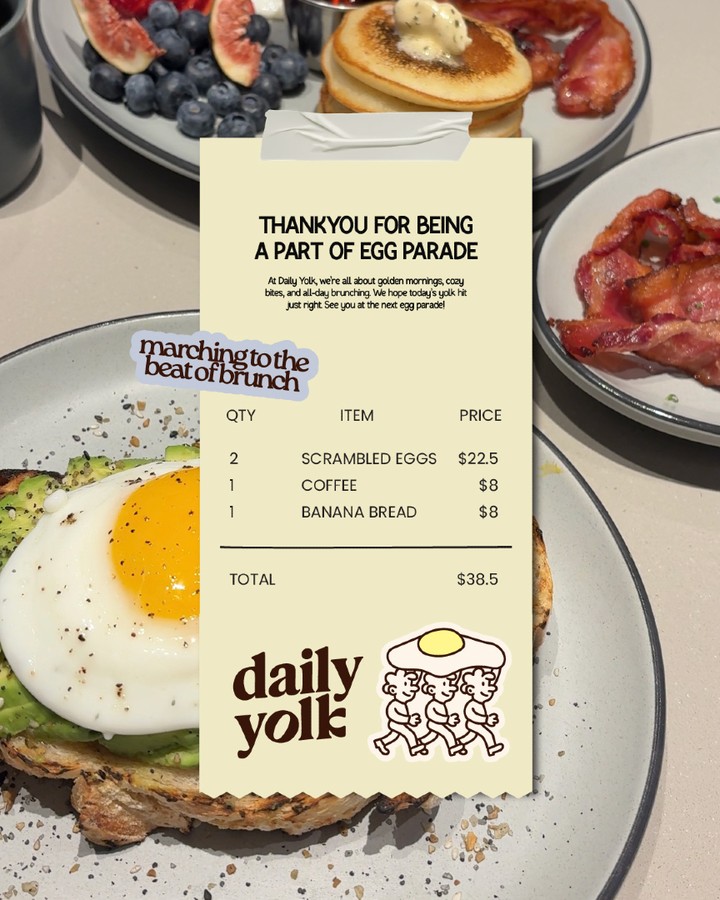 Daily Yolk brunch café branding featuring a custom illustrated receipt design layered over plated brunch dishes, reinforcing the brand’s playful visual identity.