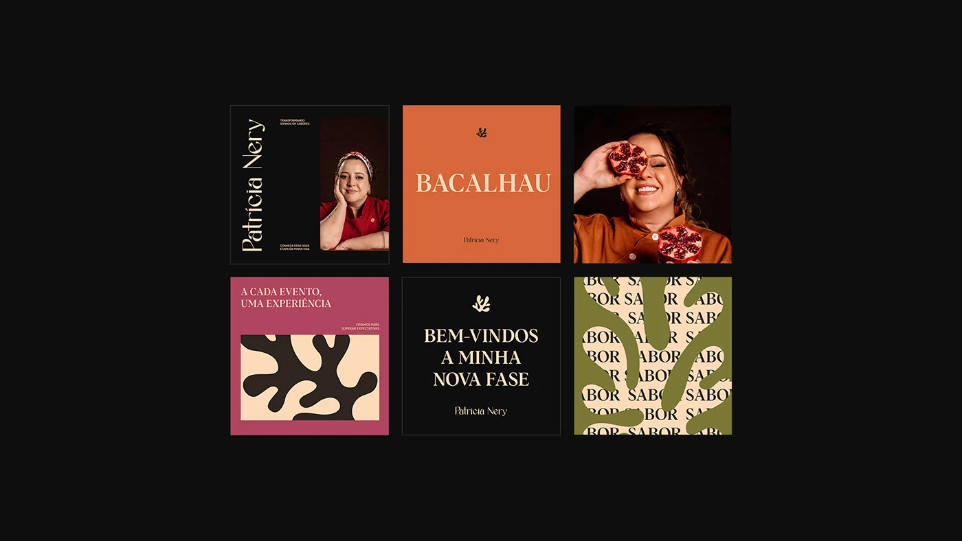 Patricia Nery culinary brand identity collage featuring modern editorial typography, organic abstract shapes, and vibrant photography of the chef, food, and bold color blocks.