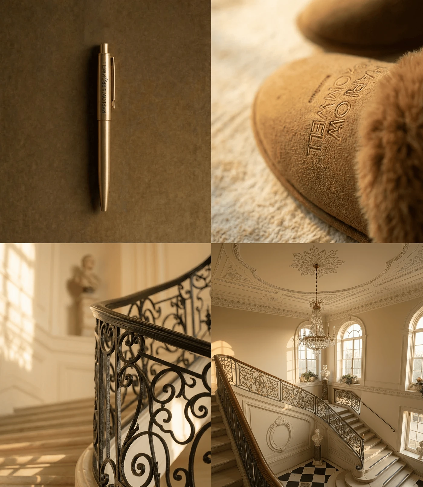 Marlow & Bromwell Manor luxury hospitality details collage showing branded gold pen, embossed fur slipper, ornate wrought iron staircase railing, and grand manor interior with crystal chandelier and checkerboard floor