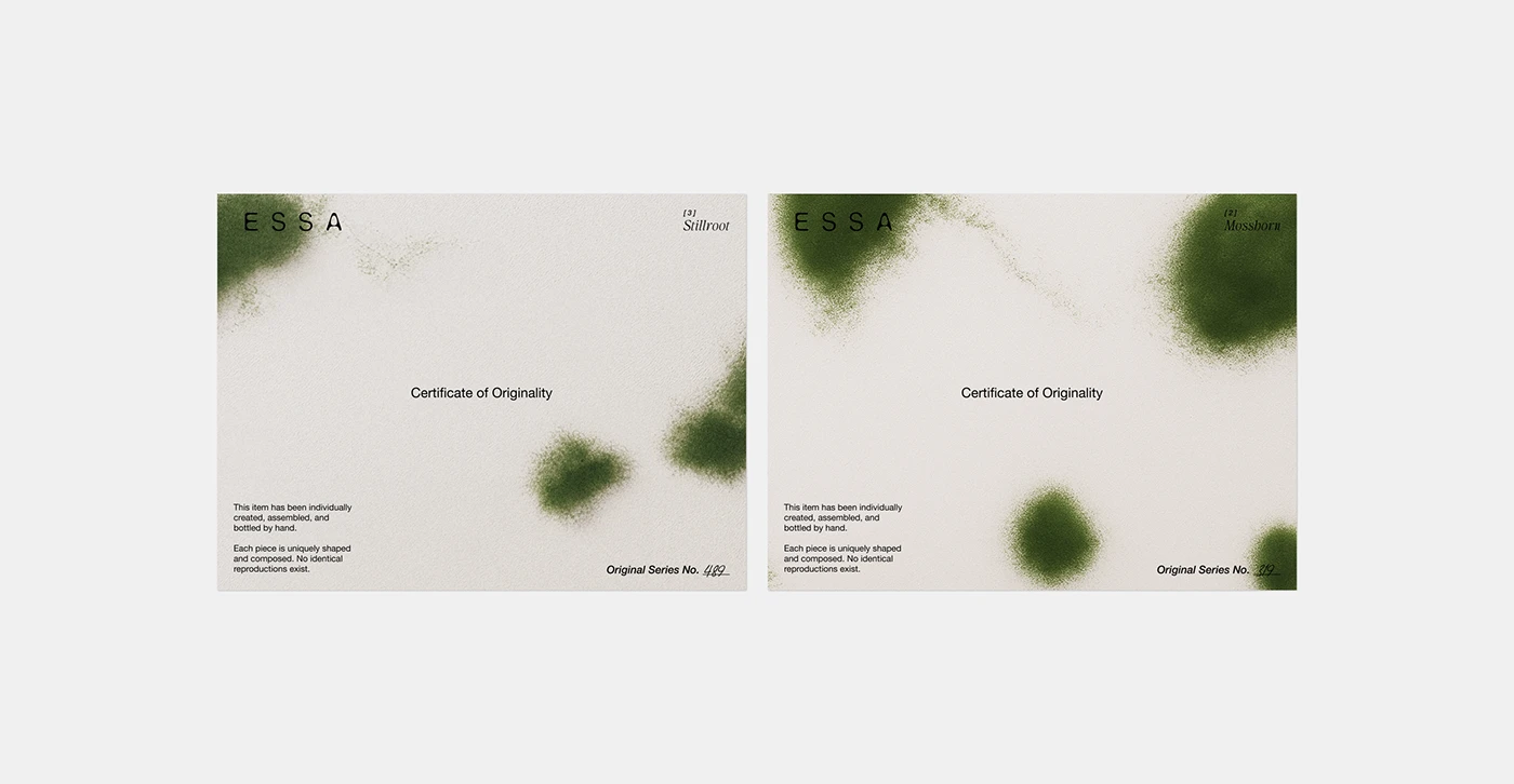 ESSA Certificates of Originality featuring airbrushed moss textures and minimalist typography — tactile print design and luxury brand collateral by Lym Design Studio.