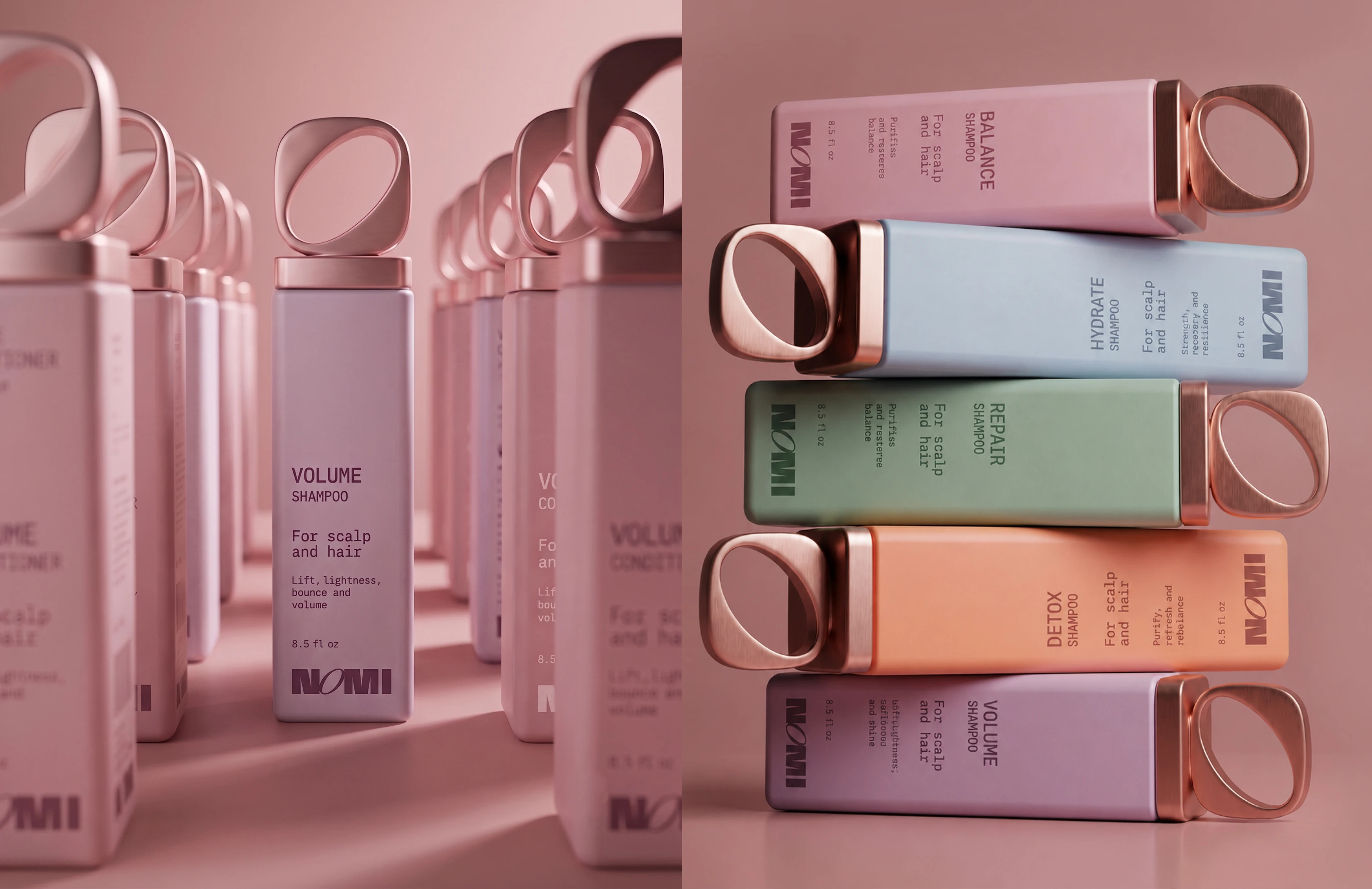 Rows of NOMI Volume Shampoo bottles beside the full pastel haircare collection arranged horizontally on a blush background.