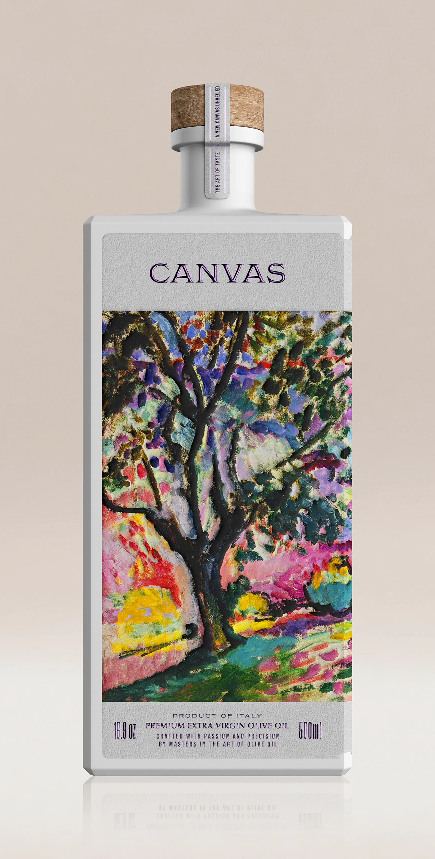 Close-up of the Canvas Olive Oil label showing the expressive oil painting and tactile embossing on a unique paper-over-aluminum substrate.