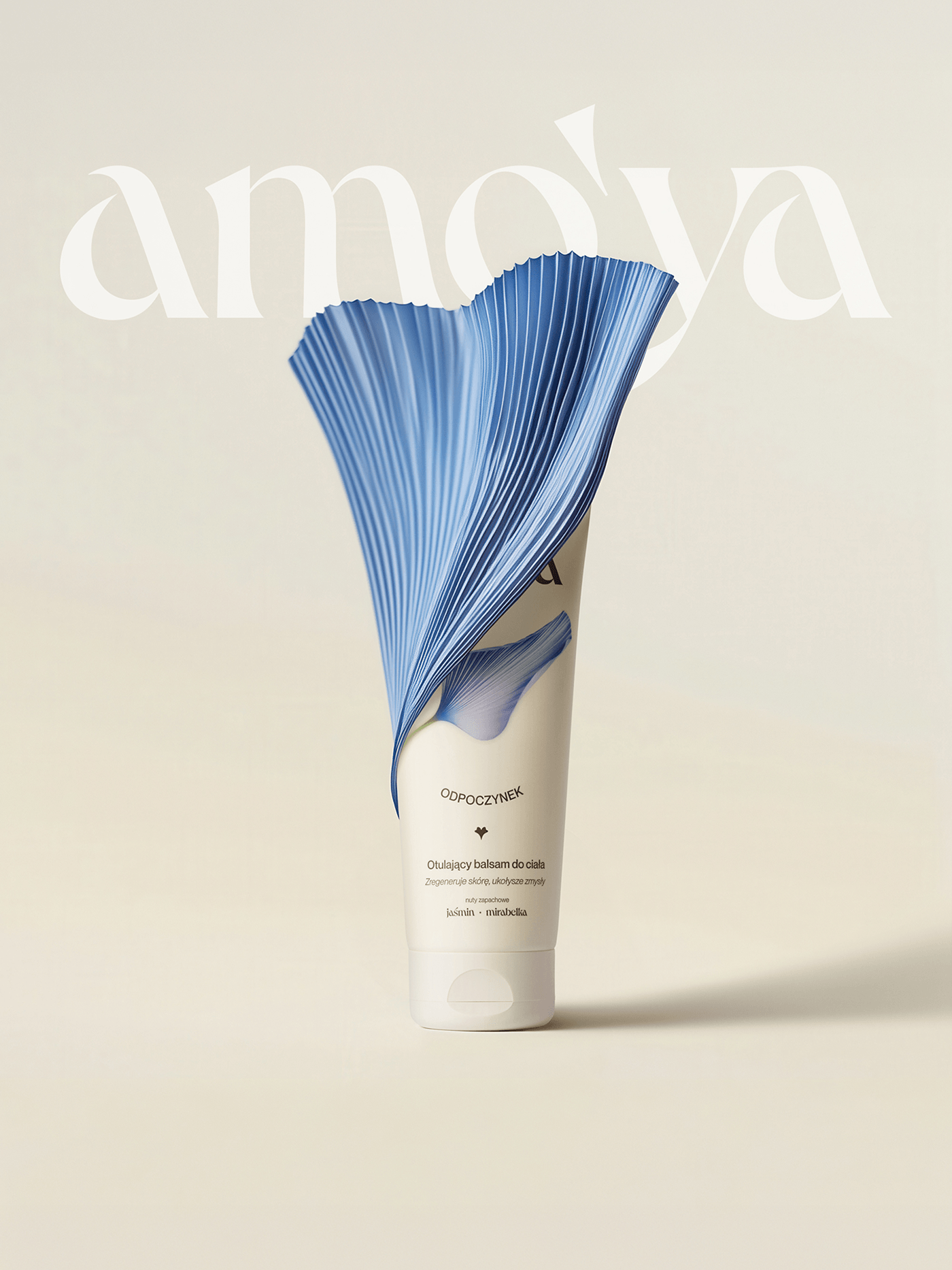 Amo’ya Odpoczynek body balm tube partially wrapped by a sculptural blue petal form, with an oversized white wordmark in the background.