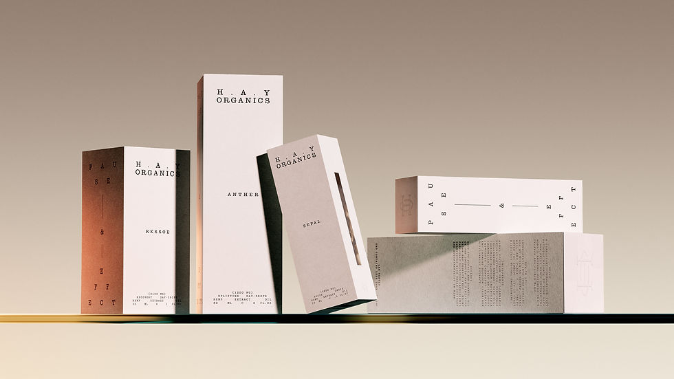 HAY Organics sustainable wellness packaging system displayed in a row, featuring muted neutral boxes, earthy accent panels, minimal typography, and refined paper textures.