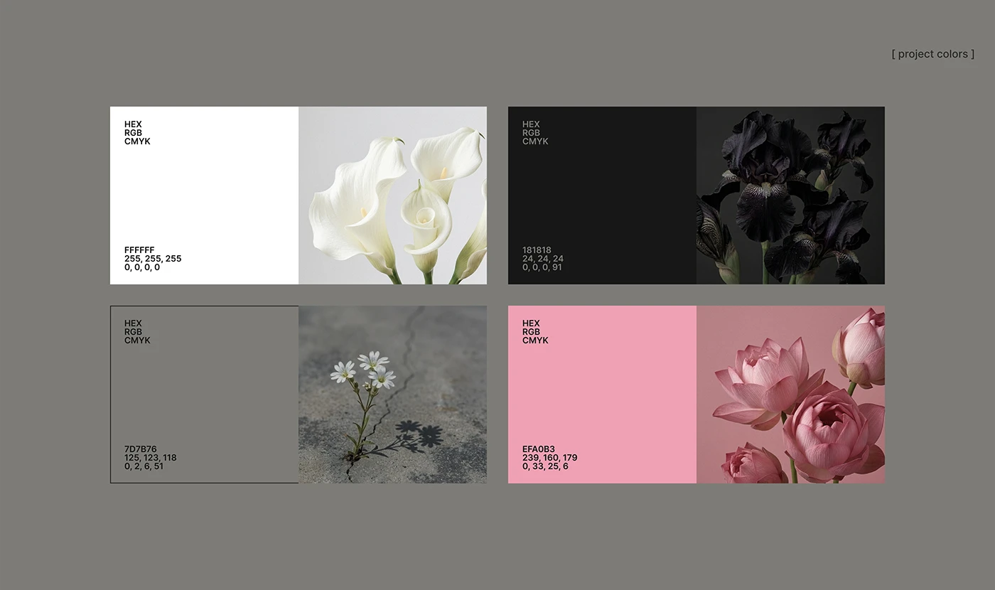 UMBRA brand color palette presentation featuring white, black, concrete gray, and soft pink tones paired with floral photography and minimal color specification layouts.