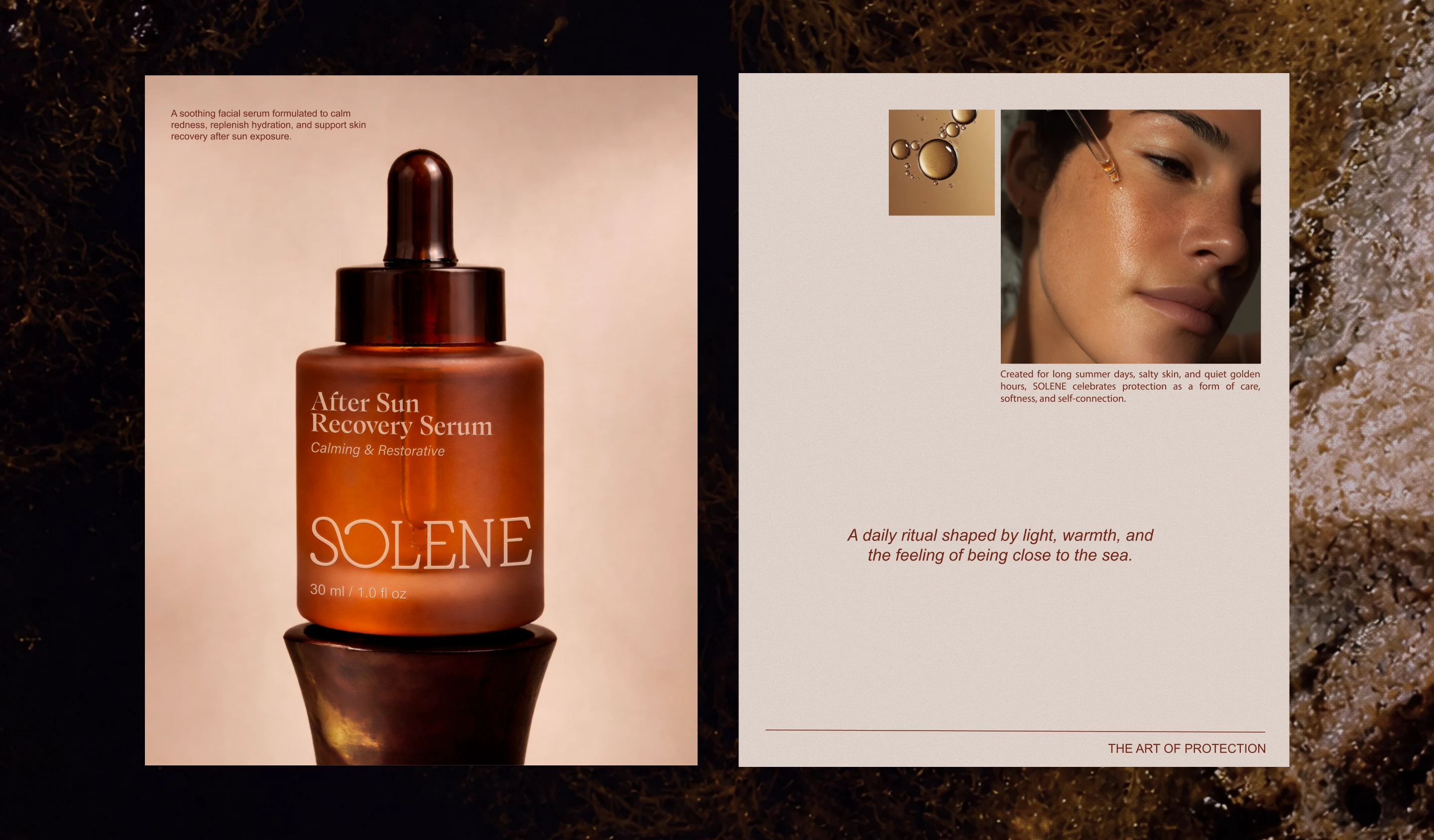 Solene SPF after sun recovery serum brand layout with amber serum bottle, skincare application imagery, and editorial copy emphasizing sun care as a daily ritual.