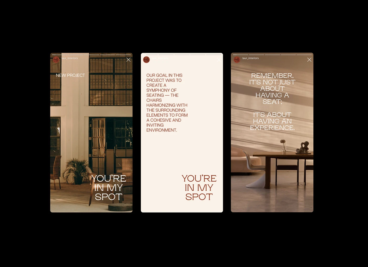 Instagram story design for Laur Interior Design Studio by Yana Vision, showcasing modern social branding with warm tones, editorial typography, and luxury lifestyle art direction.