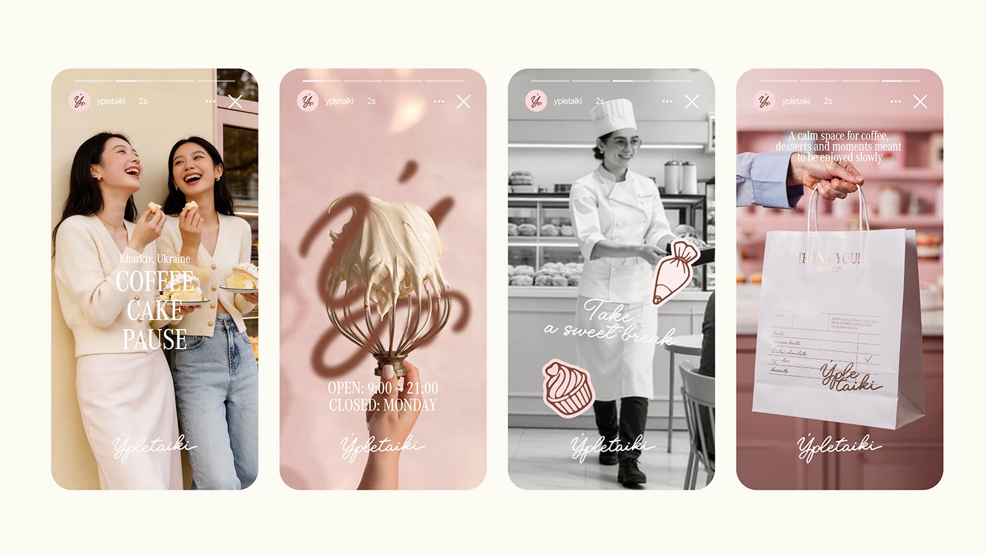 Ypletaiki Instagram story mockups featuring café lifestyle photography, dessert visuals, packaging design, and handwritten typography in a cohesive social media brand system.