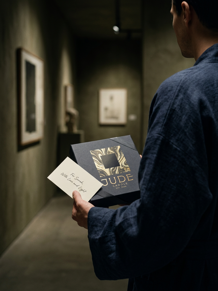 A man wearing a dark blue linen robe in a sophisticated art gallery, holding a JUDE candle box and a personalized note, showcasing luxury branding and the emotional resonance of gifting.
