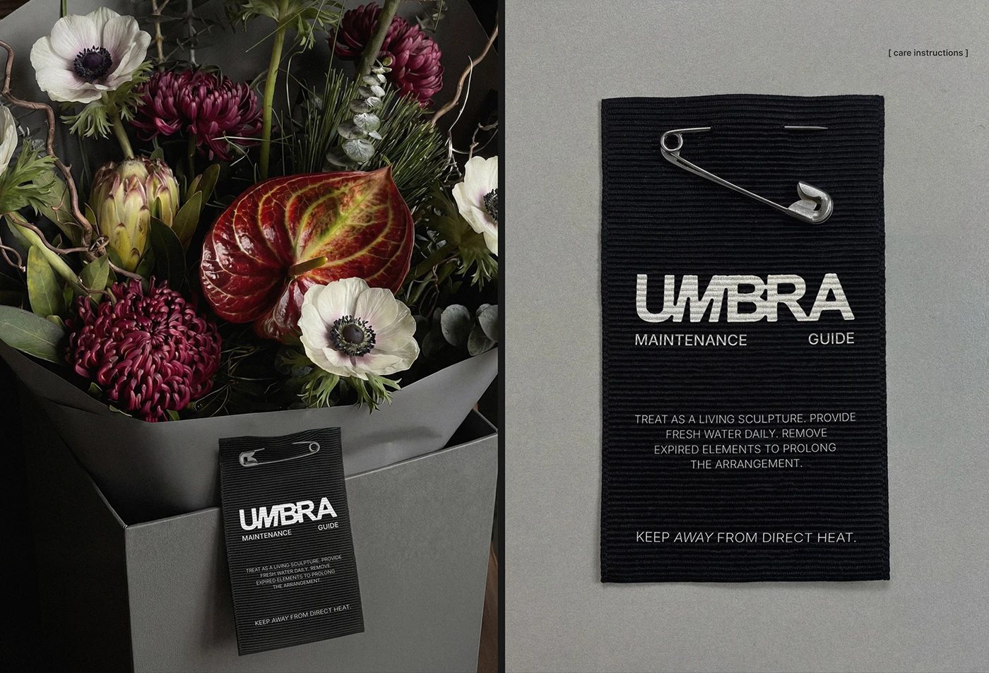 UMBRA care instruction card shown with a floral arrangement, featuring a black textured maintenance guide card with silver branding, safety pin detail, and minimal care copy.