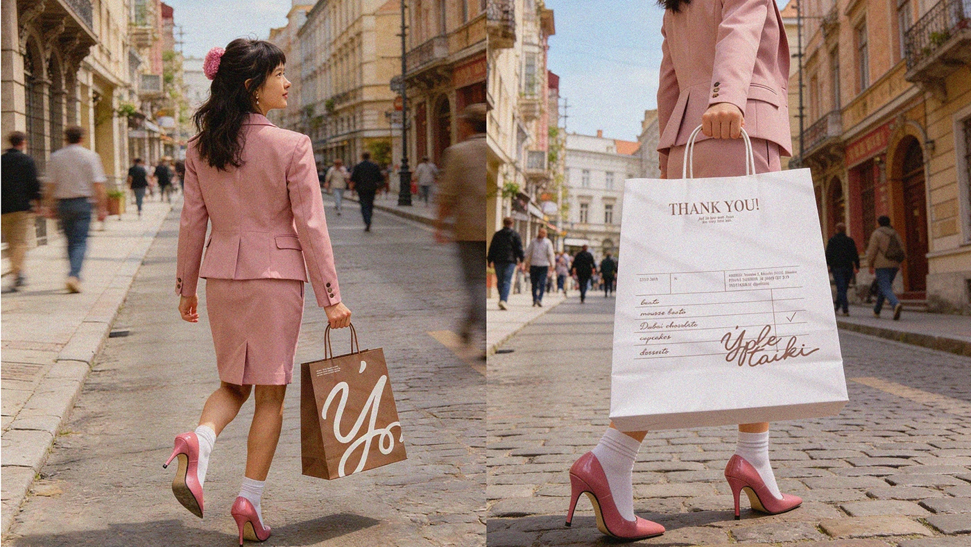 Ypletaiki café packaging design showing a woman walking through a European street holding branded shopping bags with large script monogram and refined receipt-style graphic details.
