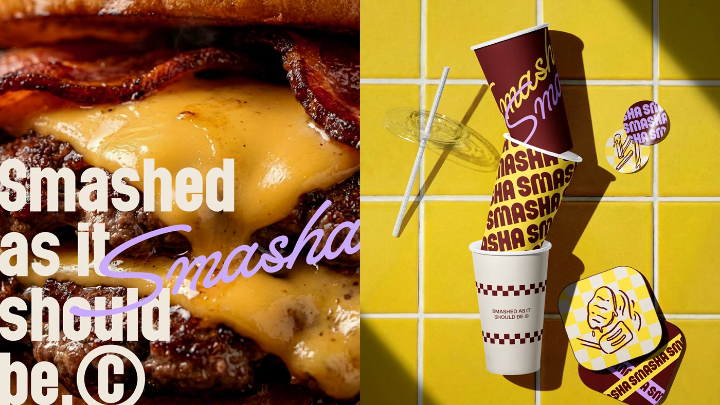 Smasha brand imagery combining food photography, layered typography, and bold graphic overlays inspired by contemporary fast-food design.