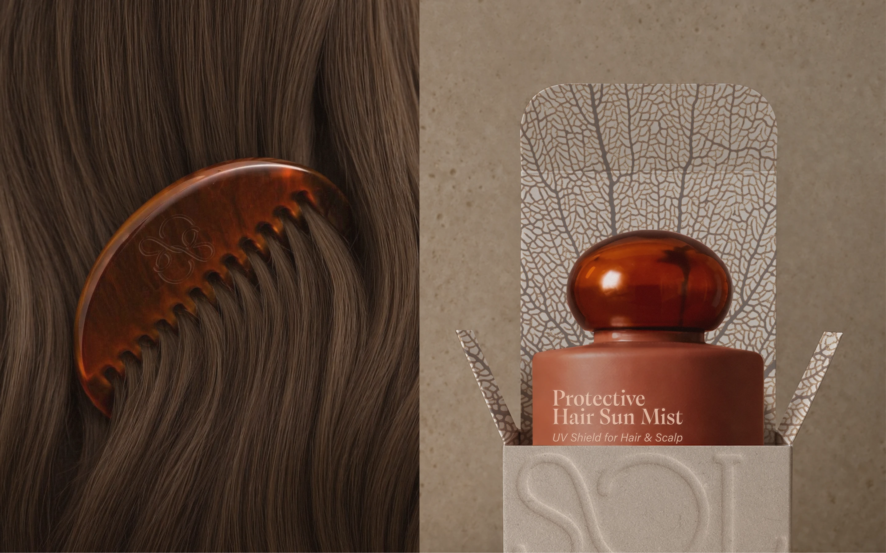 Solene SPF protective hair sun mist packaging shown beside an amber hair comb and open textured box, highlighting the brand’s hair and scalp sun care product design.