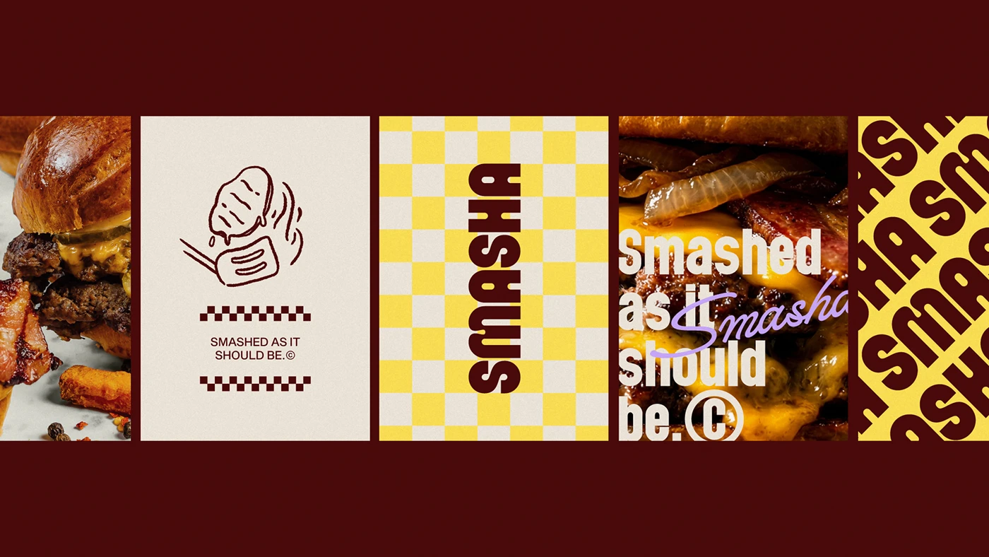 Multi-panel brand layout showcasing Smasha burger photography, illustrated smash icon, checkered patterns, bold typography, and slogan “Smashed as it should be” on a deep red background.